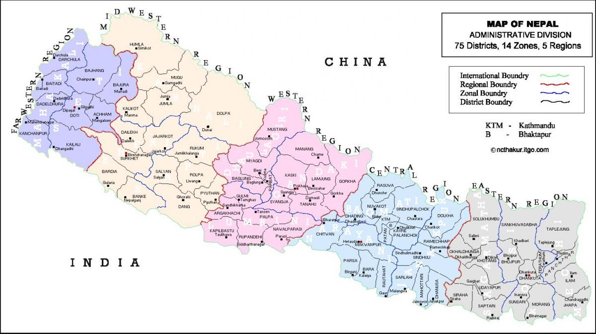 Mappa del nepal, con i distretti e vdc