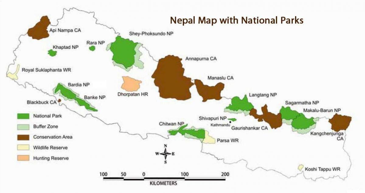 Mappa del nepal, con i parchi nazionali