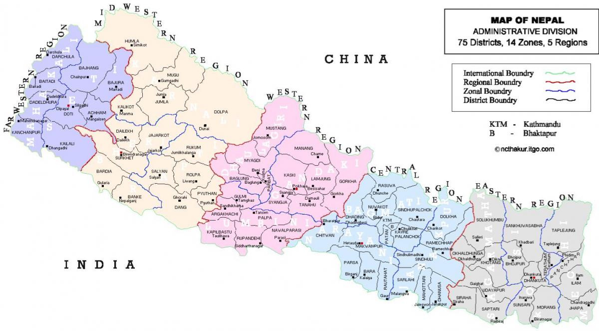 nepal mappa politica con i distretti