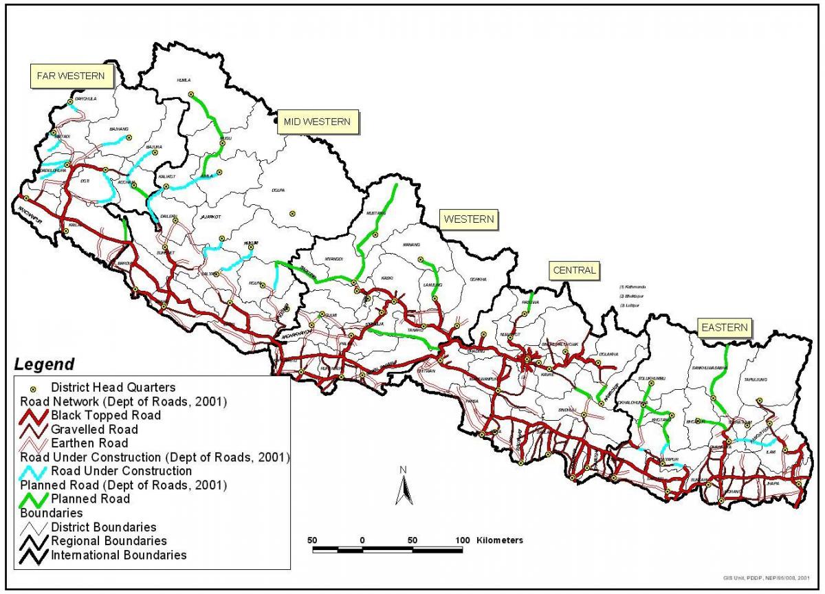 Mappa stradale nepal con i distretti