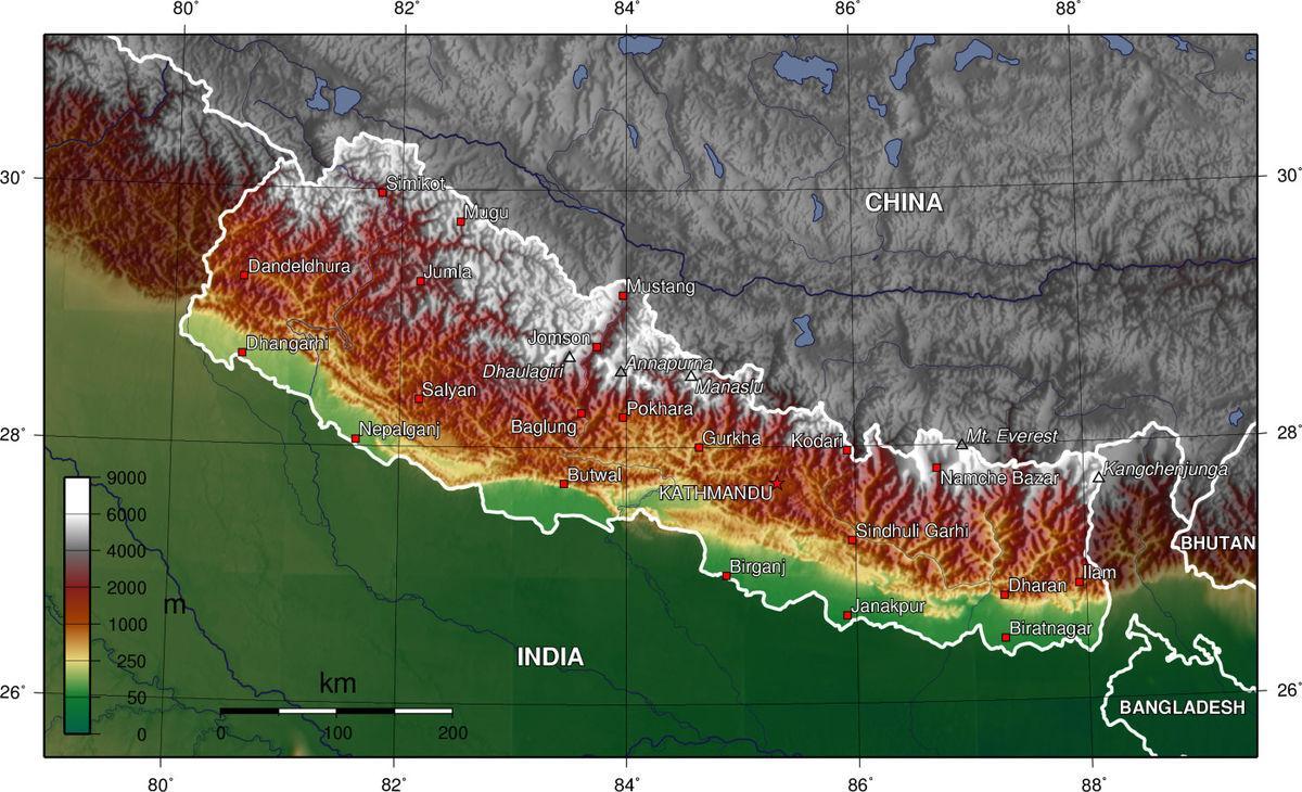 nepal elevazione mappa