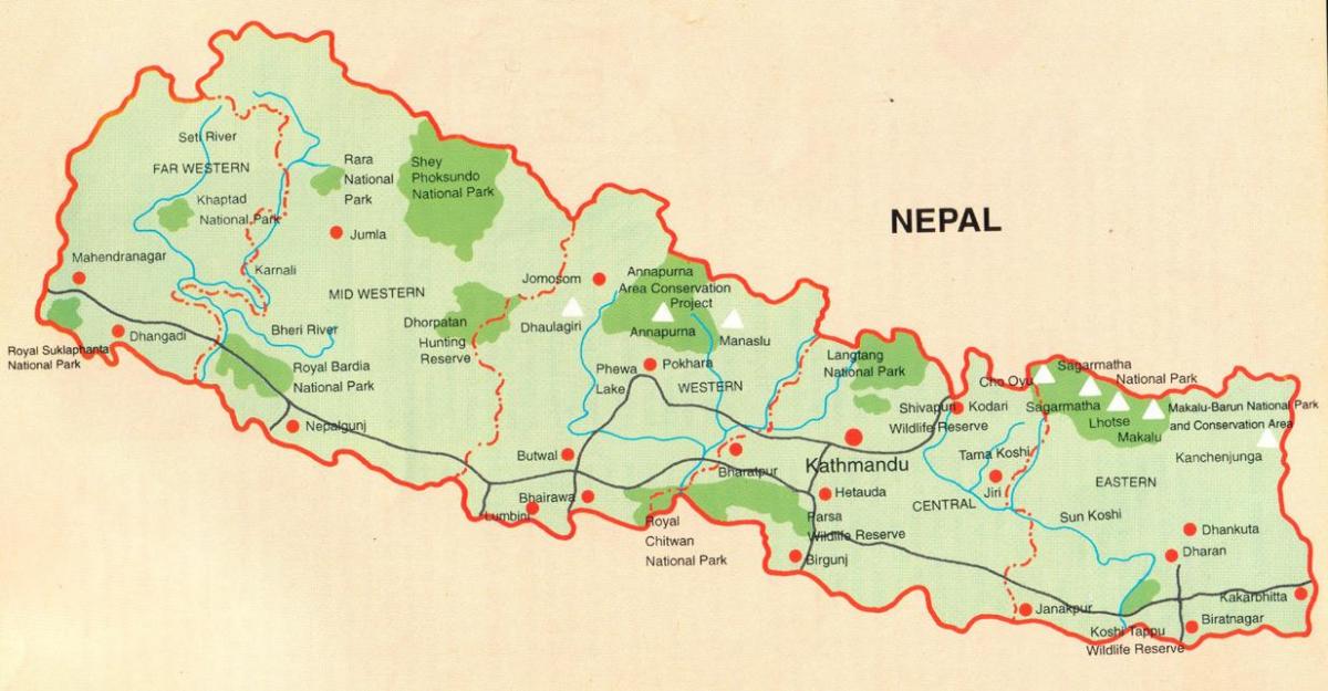 mappa del nepal con luoghi di interesse turistico